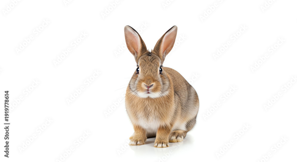 Obraz premium Cute Brown Rabbit Sitting on White Background for Nature and Animal Themes.