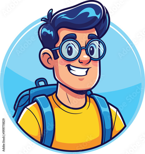 A smiling cartoon student character with dark hair round blue glasses a yellow shirt and a blue backpack looking happy and ready for school.