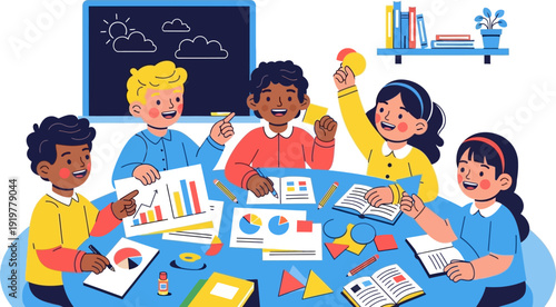 Diverse children learning together in classroom.