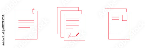 Minimal Black Document File Icon Set, Contract and Paper Stack Vector. Monochrome Office Document Icons Collection. Office document icon set in line style. download, print office simple black symbol