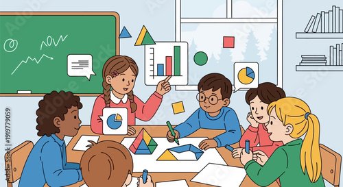 Diverse group of children in classroom.