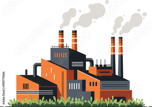 A stylized orange and grey industrial factory complex with multiple smoking smokestacks.