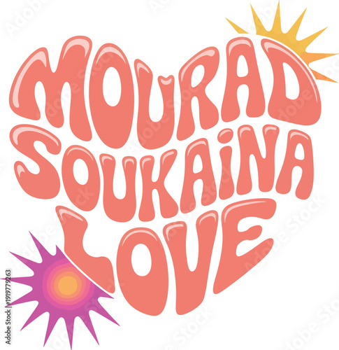 Retro wavy text design in heart shape with names Mourad Soukaina Love, vintage style typographic poster
