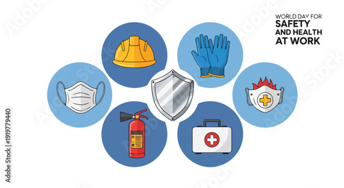 Flat lay of various workplace safety icons on a white background, including a hard hat, gloves, face mask, fire extinguisher, and first aid kit.