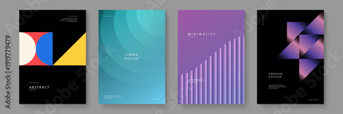 A diverse collection of four creative posters including bauhaus geometric art, teal circular layers, purple pillars, and triangle gradients