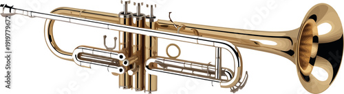 Shiny brass trumpet musical instrument illustration on transparent background