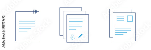 Minimal Black Document File Icon Set, Contract and Paper Stack Vector. Monochrome Office Document Icons Collection. Office document icon set in line style. download, print office simple black symbol