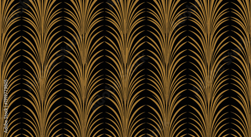 Elegant Art Deco style seamless pattern with golden fan-like motifs on a black background, creating a luxurious and rhythmic design.