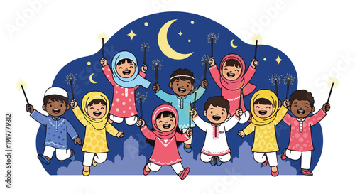 Diverse group of children in traditional attire celebrating with glowing sticks under a starry night sky with a crescent moon.