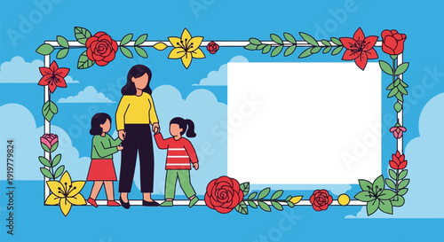 Family illustration with floral border frame.