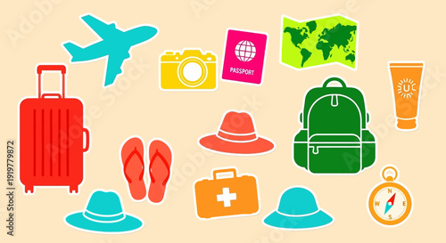 A vibrant collection of travel essentials and accessories, including a suitcase, airplane, passport, map, camera, backpack, and various hats.