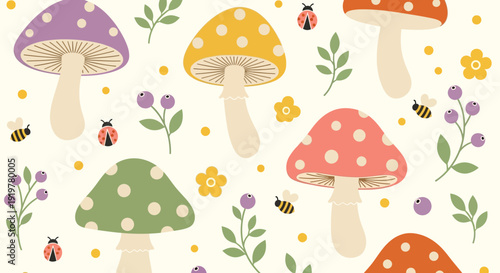 Whimsical seamless pattern featuring colorful polka-dotted mushrooms, ladybugs, bees, berries, and flowers on a light background.