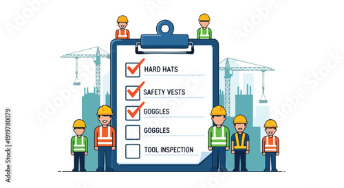 Illustration of construction workers in safety gear standing around a clipboard checklist with a cityscape and cranes in the background.