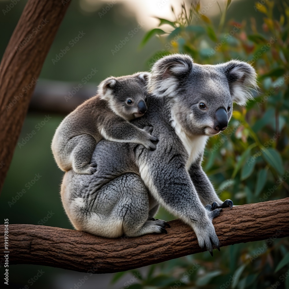 Fototapeta premium Tender koala mother carrying her joey on a eucalyptus tree branch