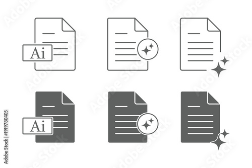 AI Document File Icons, Editable Vector Set. Set of AI document icons, minimalist line vector page with text lines and sparkle stars, symbols for writing, edit and content tools for app and web UI.