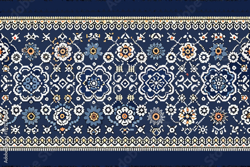 Intricate blue and orange floral pattern border design seamless repeat