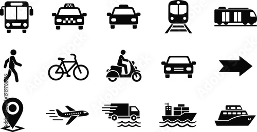 Set of transport and logistics icons black silhouette style, including bus, taxi, train, bicycle, airplane, cargo ship, truck, and navigation map pointer vector illustration