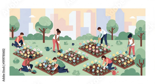 People gardening together in a city park with flower beds and urban skyline background