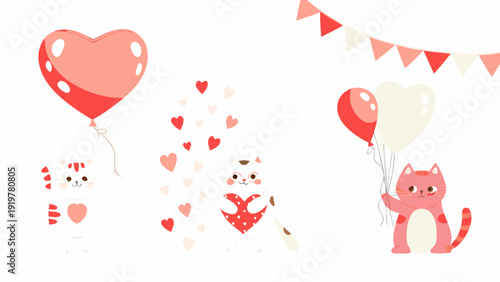Festive illustration featuring hearts balloons and adorable cats in pink