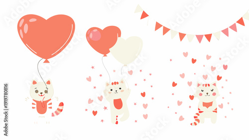 Valentine s day illustration featuring hearts balloons and adorable kittens