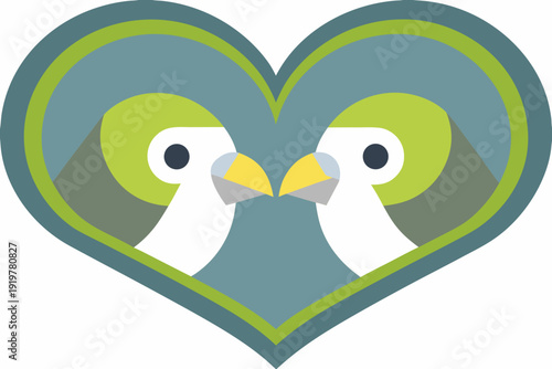 Two penguins facing each other within a layered heart shaped design