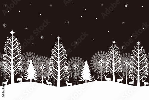 Stylized winter scene featuring silhouetted trees and deer against a dark sky