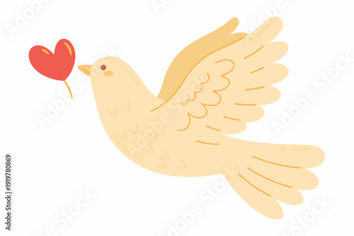 A gentle yellow dove carries a bright red heart in its beak