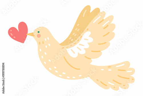 A cheerful yellow dove carries a bright red heart in its beak