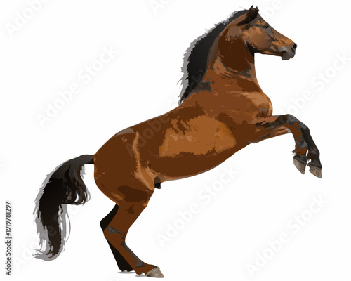 A majestic brown horse rearing up on its hind legs in motion