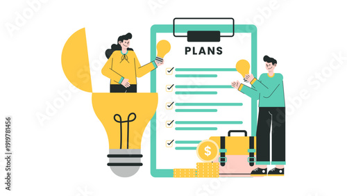 A detailed business plan presentation showing a checklist on a clipboard with ideas and financial capital ready for execution