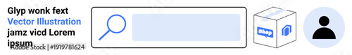 Data management, identity verification, user interface design, online search, digital solutions, information systems. Magnifying glass, profile icon and box symbol. Data management and identity
