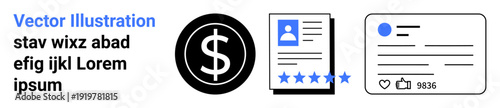 Business tools, financial analytics, marketing materials, user reviews, online profiles, digital engagement. Black dollar sign, profile on a document social media interaction. Financial analytics