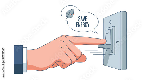Save Energy Concept: Hand Turning Off Light Switch for Electricity Conservation & Sustainability Illustration