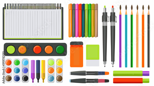 An assortment of colorful art supplies including paints pens and markers