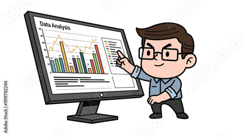 Cartoon Man Analyzing Data on Computer Monitor with Charts and Graphs. Business Analytics Illustration.