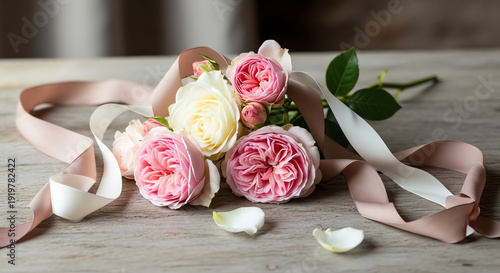 Beautiful bouquet of pink and white roses with green leaves on rustic wooden surface.