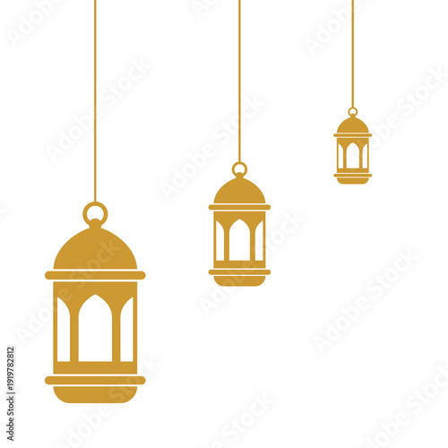Golden Islamic Lantern Border Flat Design Ramadan Kareem and Eid Mubarak Frame.