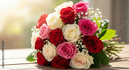 Beautiful Mixed Rose Bouquet with Various Colors and Green Foliage for Special Occasion.