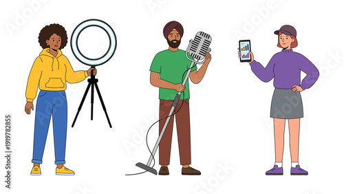 Diverse Digital Content Creators: Vlogger, Podcaster, Social Media Manager with Modern Tools