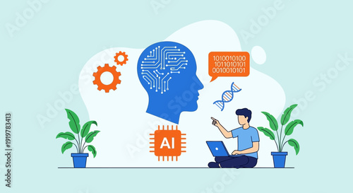 Man working on laptop with AI brain interface and plants around.