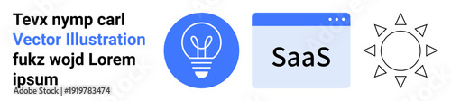 Software development, energy innovation, creative ideas, SaaS platforms, web services, conceptual design. Includes light bulb for ideas, SaaS browser icon sun outline symbol. Software development
