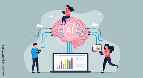 Illustration of people interacting with artificial intelligence on a laptop.