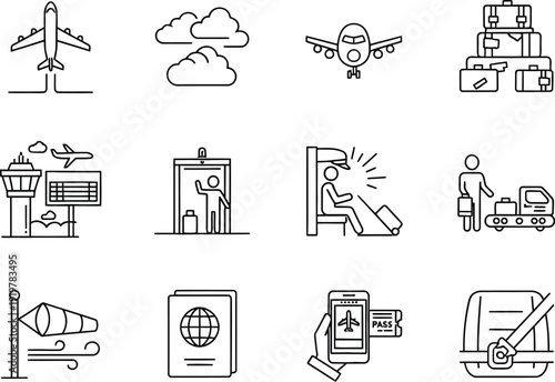 A set of twelve thin line icons represents various elements associated with air travel logistics and airport procedures.