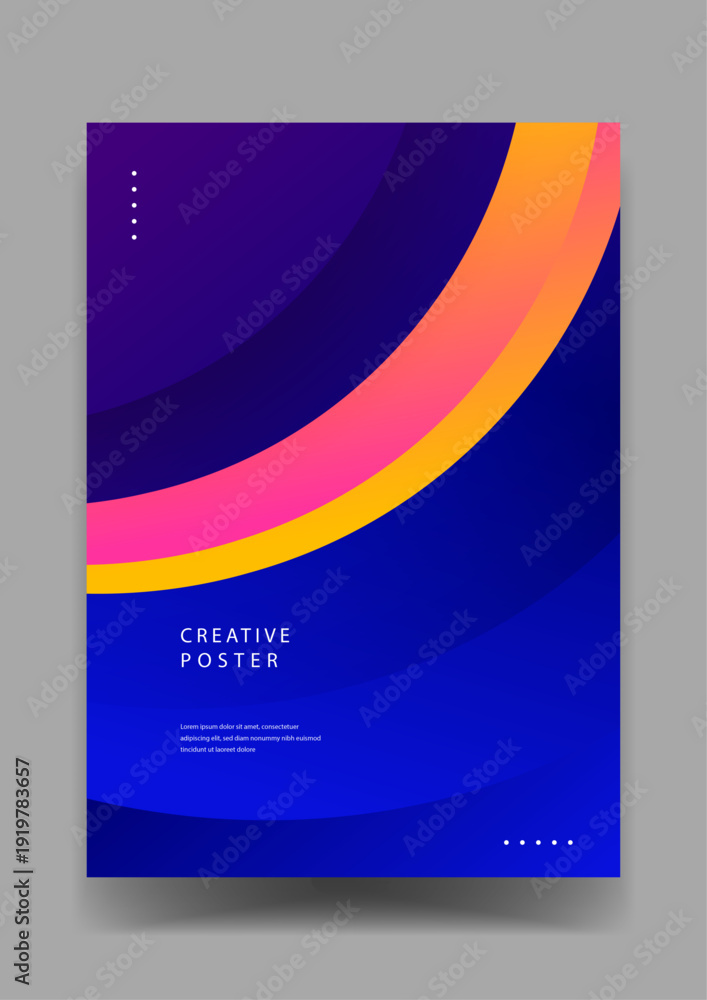 Fototapeta premium Creative abstract poster featuring dynamic blue wave layers and vibrant colorful gradient curves for modern artistic branding