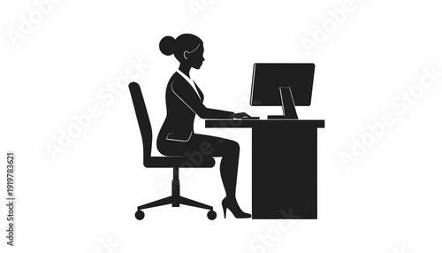 Woman working on computer at office desk in minimalist style.