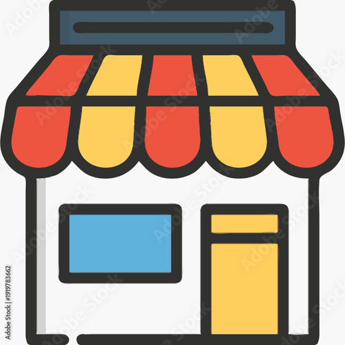 Shop Icon: A vibrant illustration of a shop with an inviting awning, a display window, and a welcoming entrance. conveying the essence of a retail establishment.