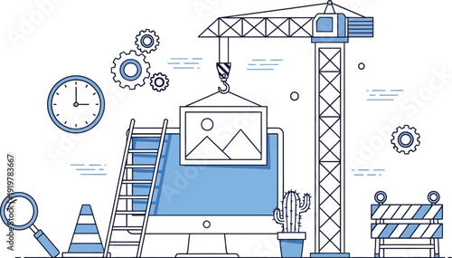 Computer monitor construction features a large crane lifting an image file during a digital website building process.