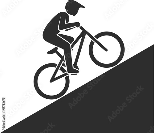 Stick figure cyclist aggressively rides a bicycle uphill on a dark incline, symbolizing steep challenge.