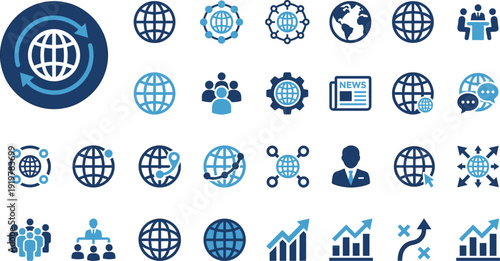 Blue Global Business and Technology Icon Set Featuring Globe, Network, Teamwork, Communication, Growth Charts and Digital Connectivity Symbols for Corporate Branding Design