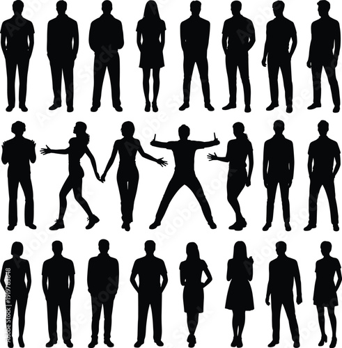 Collection of business people silhouettes in various standing poses isolated on white background, corporate team men and women vector illustration set professional office characters